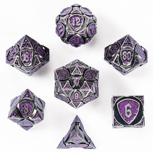 FIGHTER CLASS METAL RPG DICE: SILVER & PURPLE