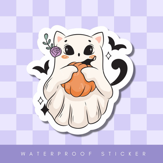 GHOST KITTY WITH PUMPKIN STICKER