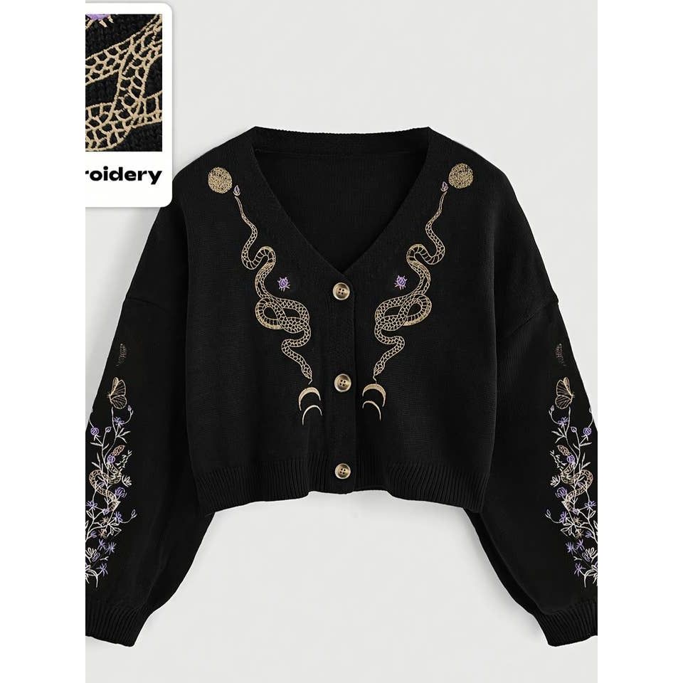 V-NECK SNAKE & FLOWER EMBROIDERED CROPPED CARDIGAN