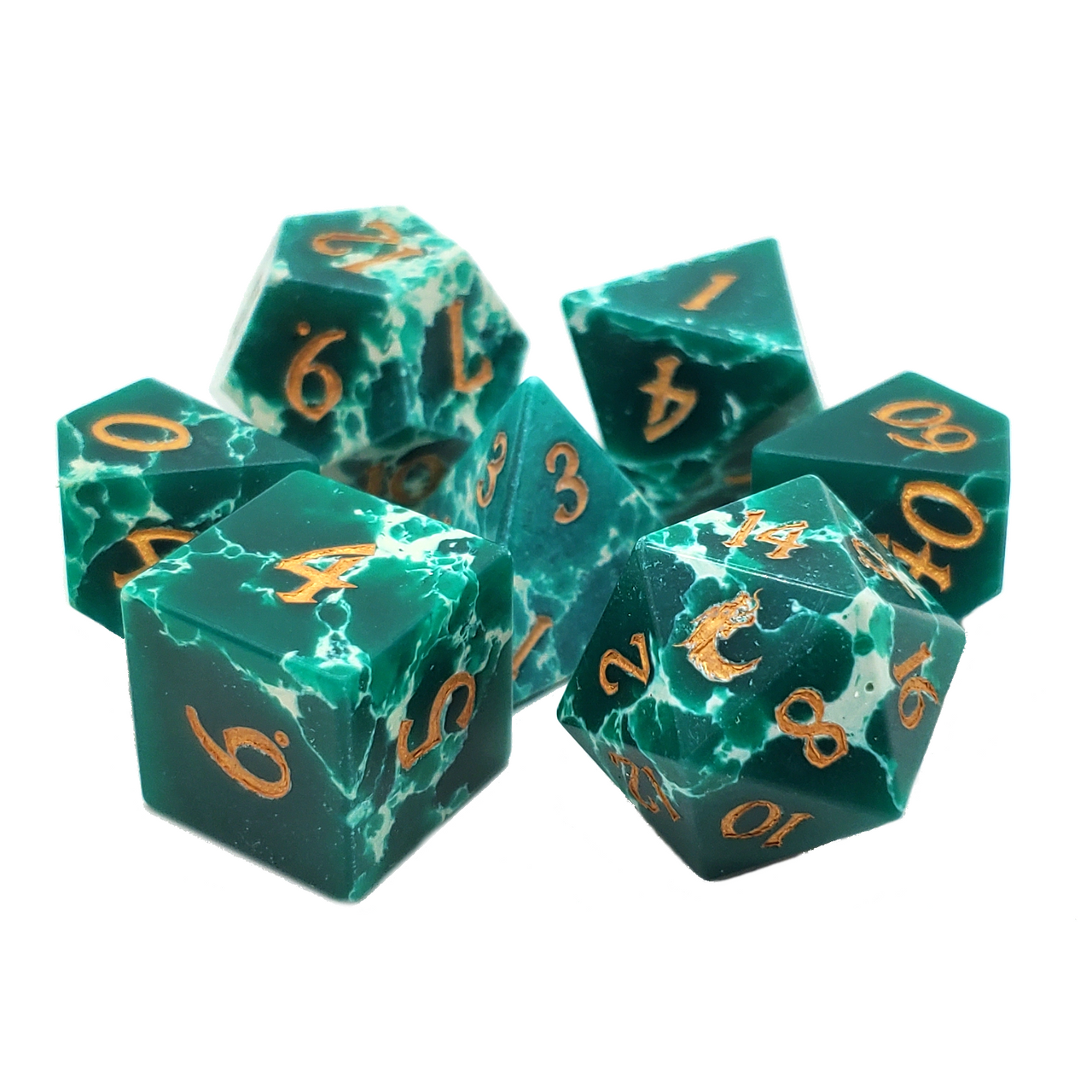 TURQUOISE GREEN & WHITE 7 PC GEMSTONE DICE SET