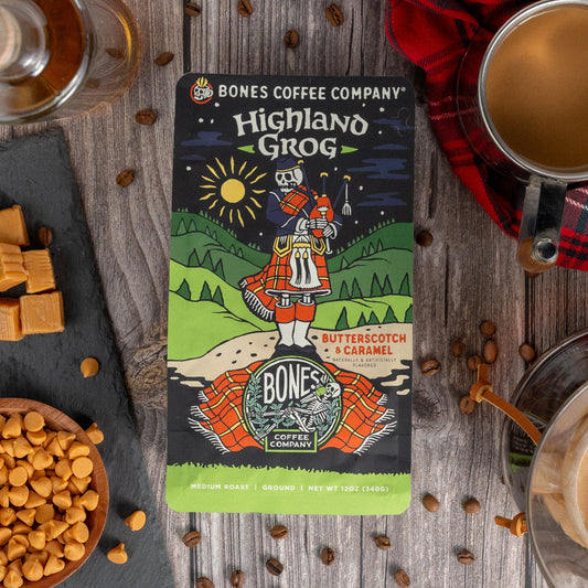 BONES COFFEE HIGHLAND GROG DECAF 12OZ GROUND COFFEE