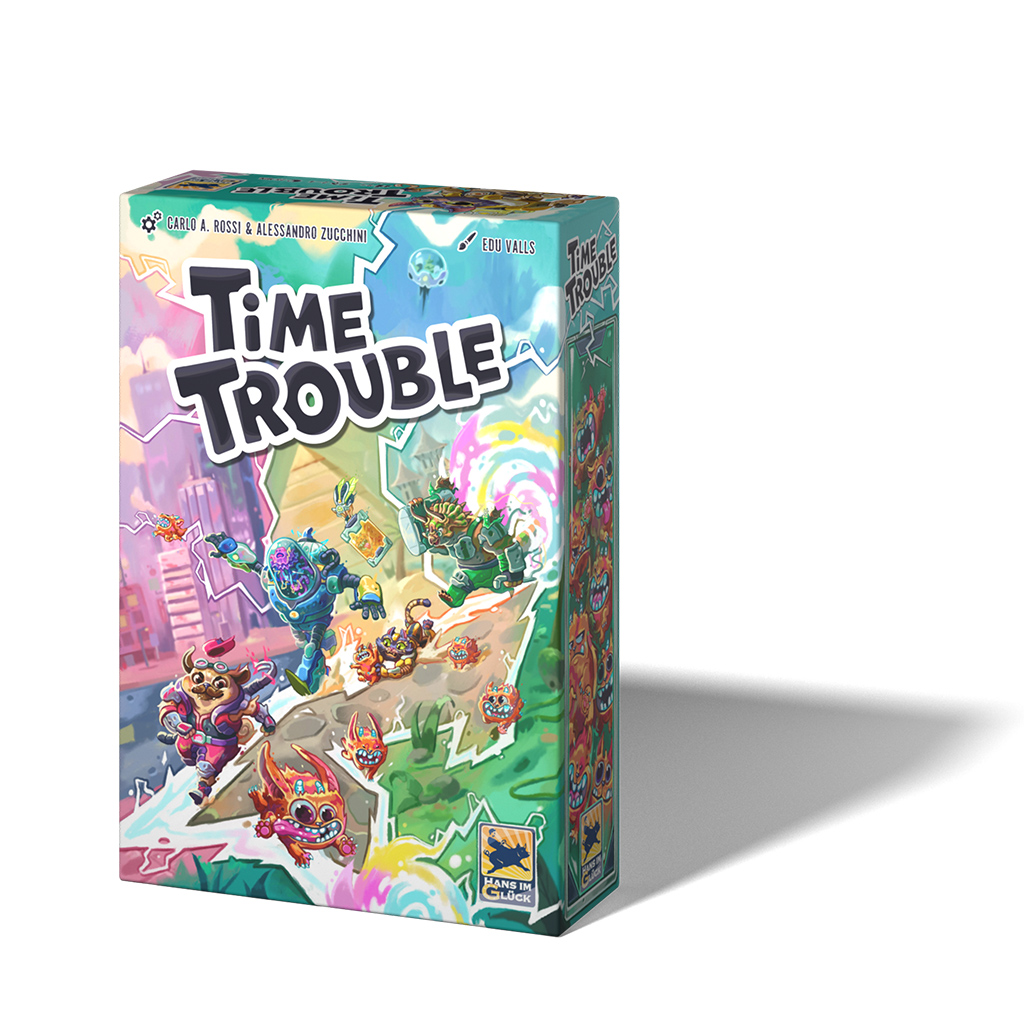 Board game box cover for 'TIME TROUBLE' featuring colorful, cartoon-style illustrations of characters and time-related imagery.