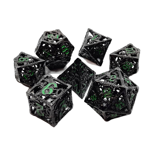 BLACK W/ GREEN DRAGON 7PC HOLLOW METAL DICE SET