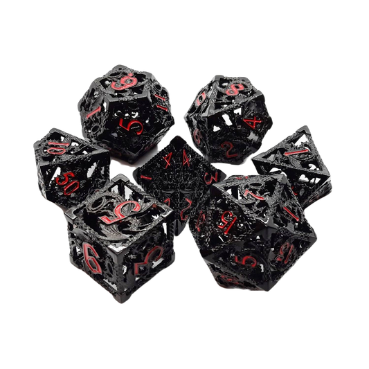BLACK W/ RED DRAGON 7PC HOLLOW METAL DICE SET