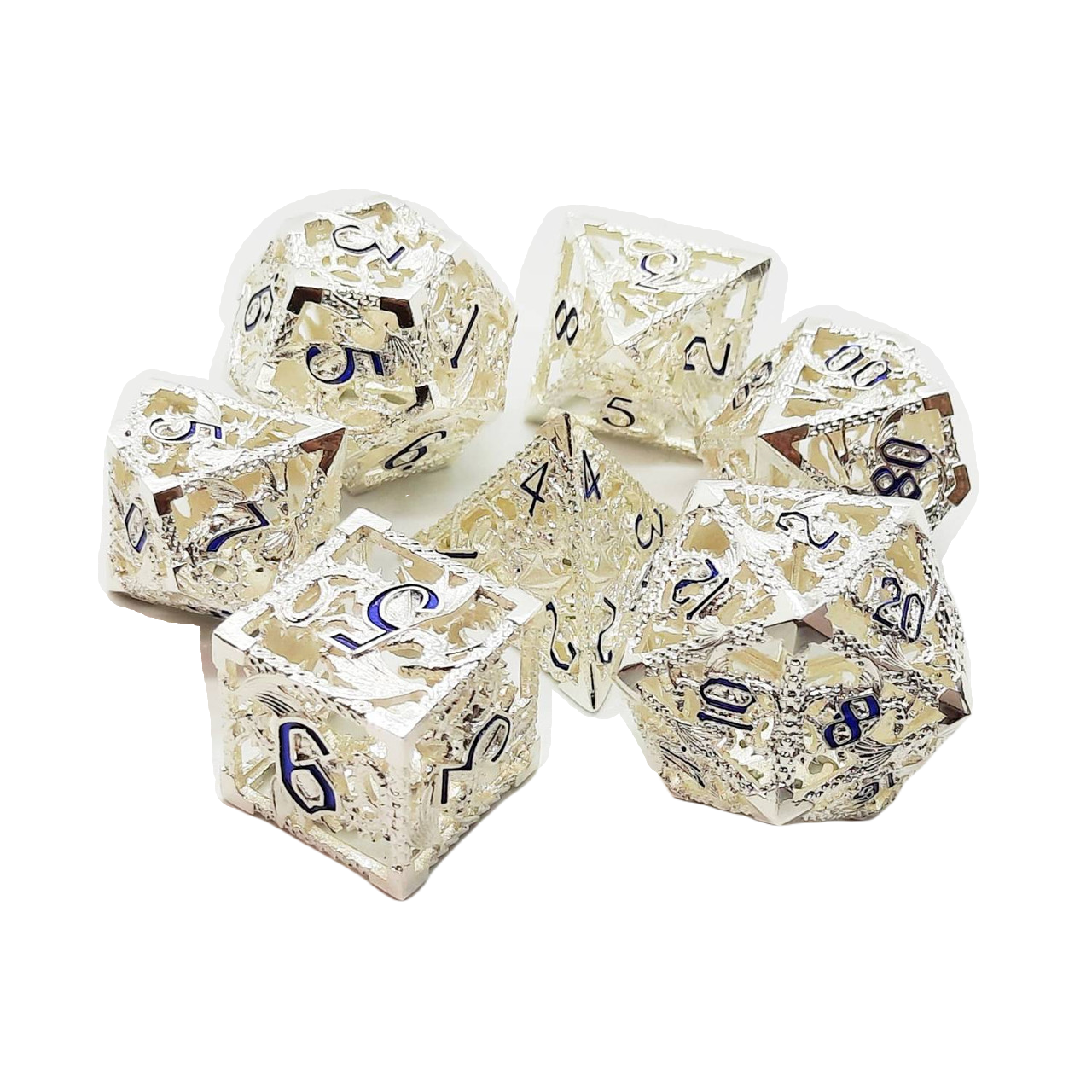 SILVER W/ BLUE DRAGON 7PC HOLLOW METAL DICE SET