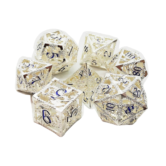 SILVER W/ BLUE DRAGON 7PC HOLLOW METAL DICE SET