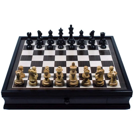 GRAND ENGLISH STYLE CHESS SET WITH STORAGE DRAWERS - BLACK STAINED 19" BOARD