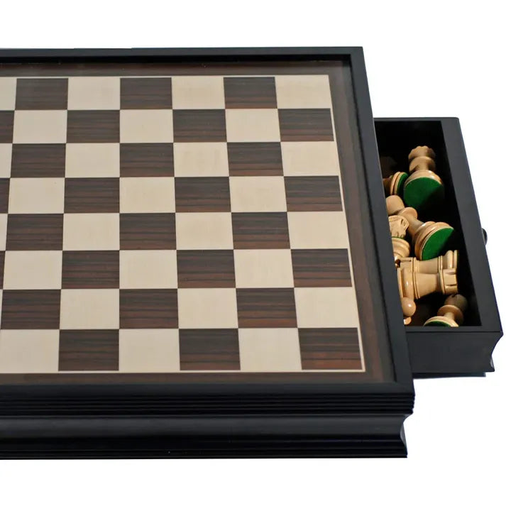GRAND ENGLISH STYLE CHESS SET WITH STORAGE DRAWERS - BLACK STAINED 19" BOARD