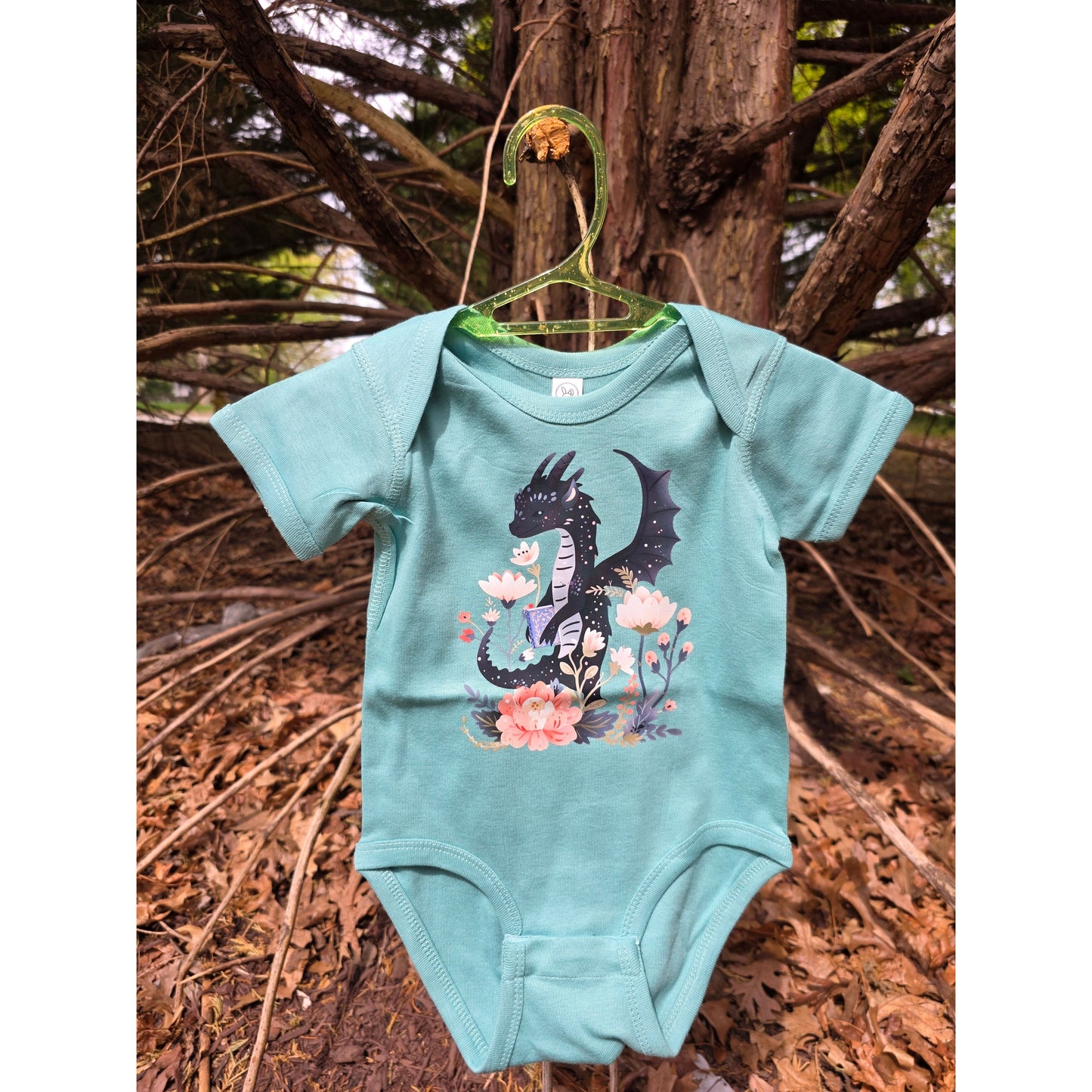 FLORAL READING DRAGON BABY ONESIE