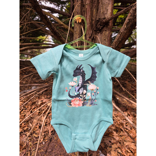 FLORAL READING DRAGON BABY ONESIE