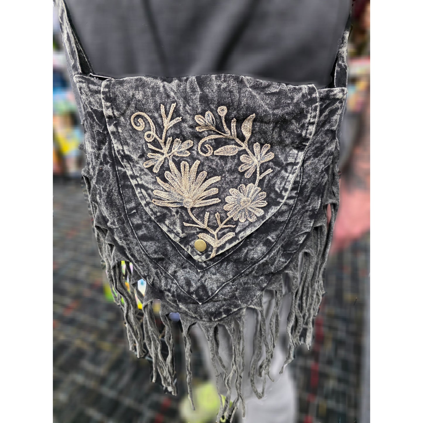 TRIANGULAR FRINGED STONEWASHED BAG BY EARTH DIVAS