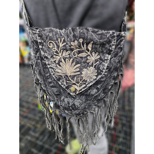TRIANGULAR FRINGED STONEWASHED BAG BY EARTH DIVAS