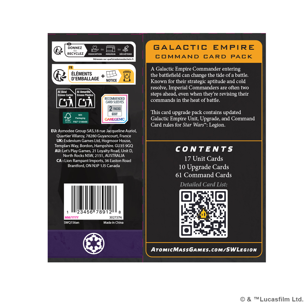 STAR WARS LEGION: GALACTIC EMPIRE COMMAND CARD PACK