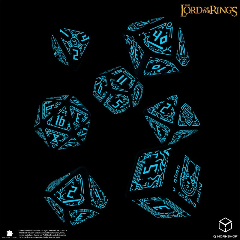LORD OF THE RINGS 7 PC DICE SET MORIA GLOW IN THE DARK
