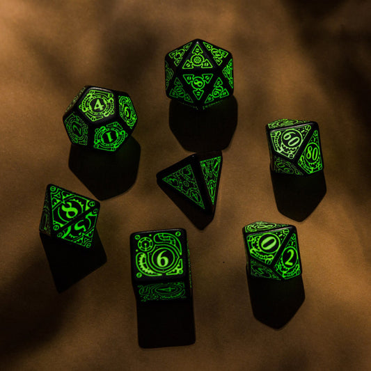 STEAMPUNK DICE SET- BLACK & GLOW IN THE DARK